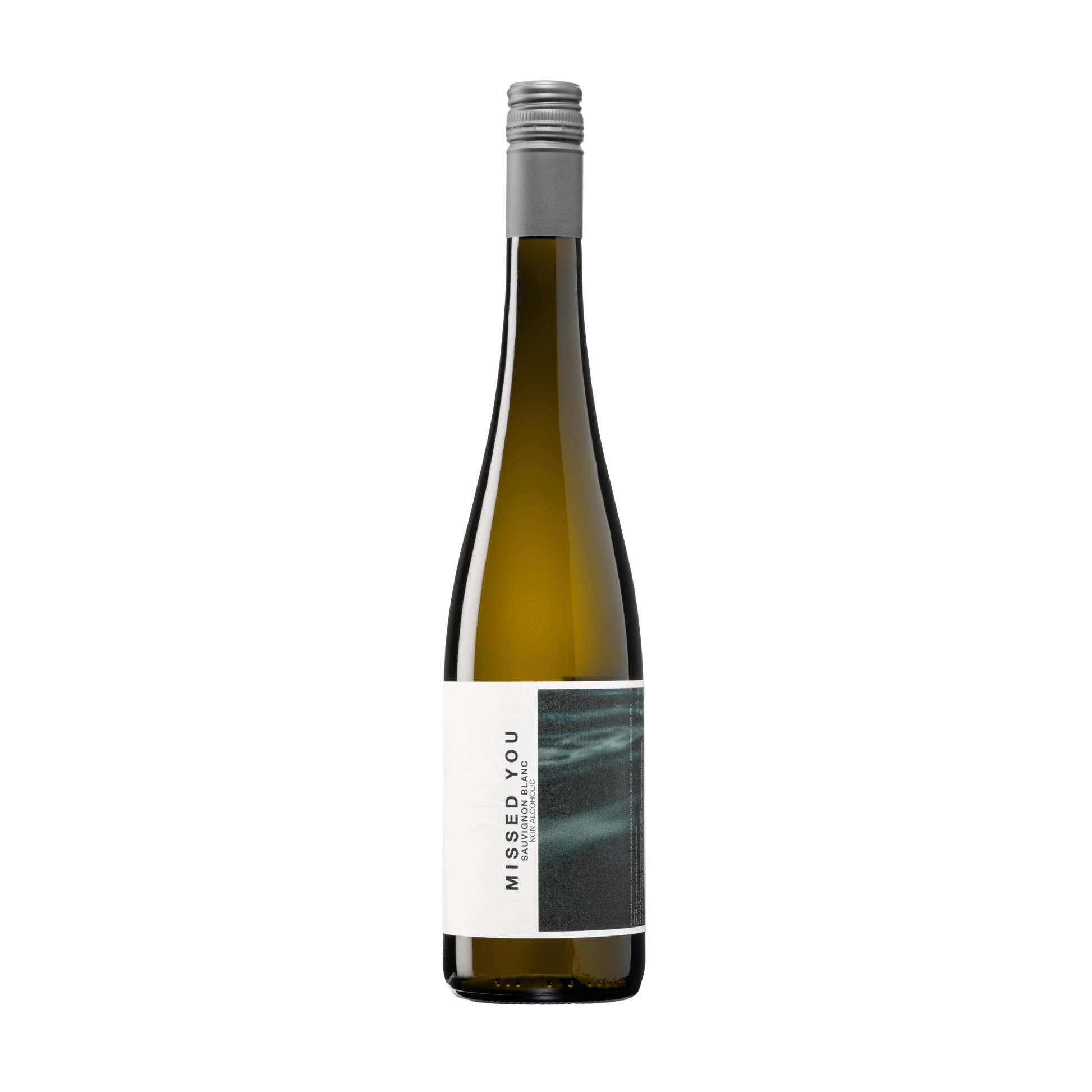 Eine Flasche alkoholfreier Wein, Sauvignon Blanc mit der Schrift “Missed You“ und einem melancholischem Wellenmotiv.