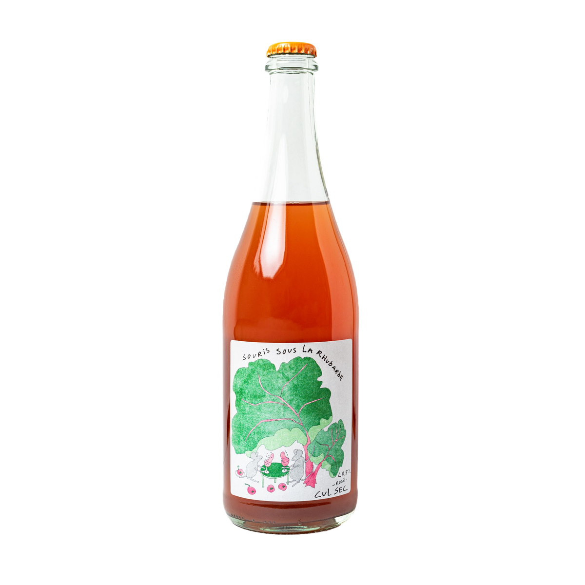 Cul Sec Souris sous la Rhubarbe Rosé, prickelnd und alkoholfrei, Etikett mit Rhabarber und Mäusen