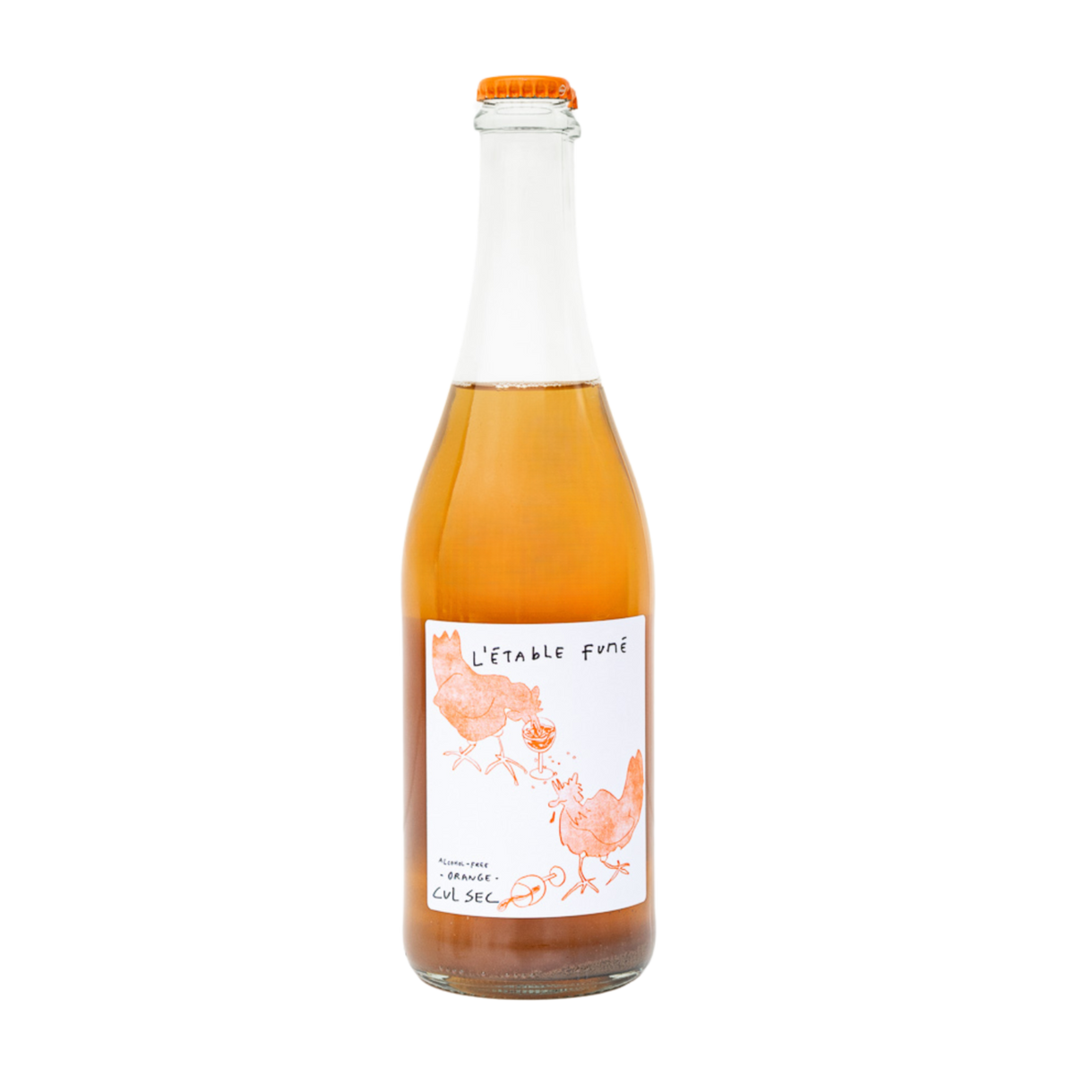 Cul Sec L’Étable Fumé Orange, prickelnd und alkoholfrei, Etikett mit gezeichneten Hühnern