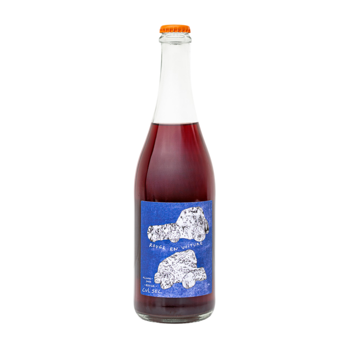 Cul Sec Rouge en Voiture, prickelnd und alkoholfrei, Flasche mit blauem Etikett und gezeichneten Autos