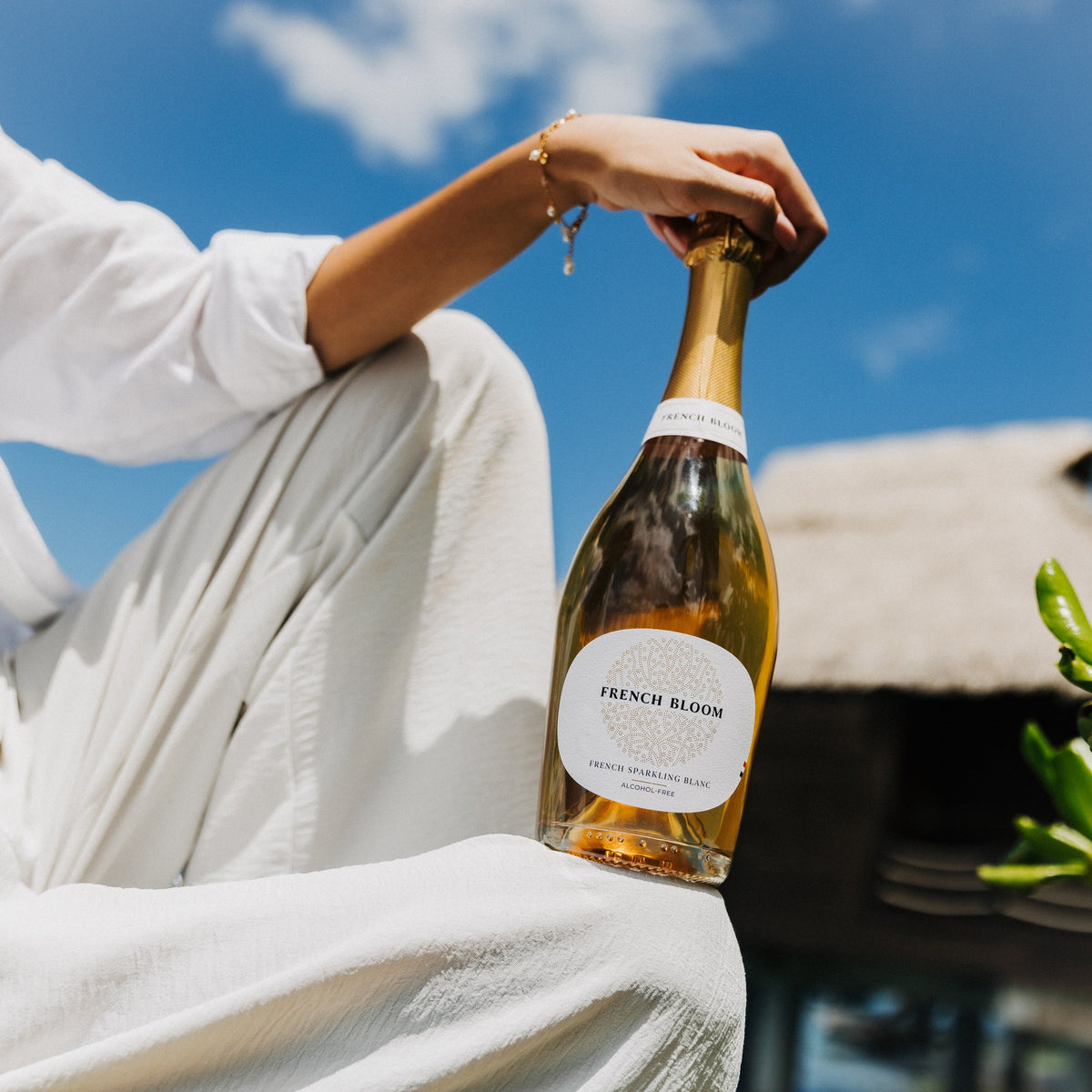French Bloom Le Blanc in der Hand, Sonne, Strohdach und Palmen im Hintergrund
