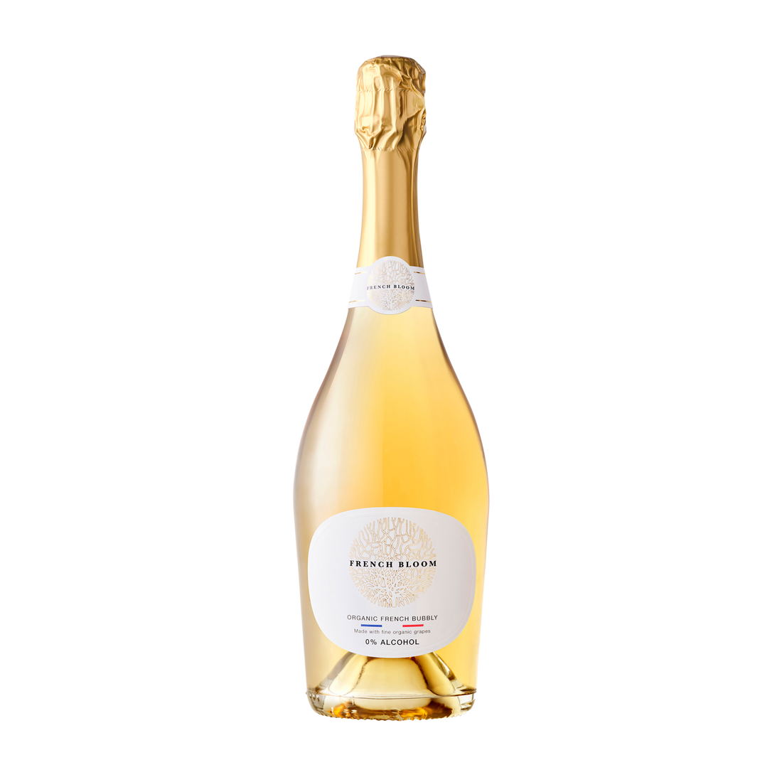 Eine Flasche mit goldfarbenem Inhalt, in der sich ein alkoholfreier Schaumwein von French Bloom befindet.