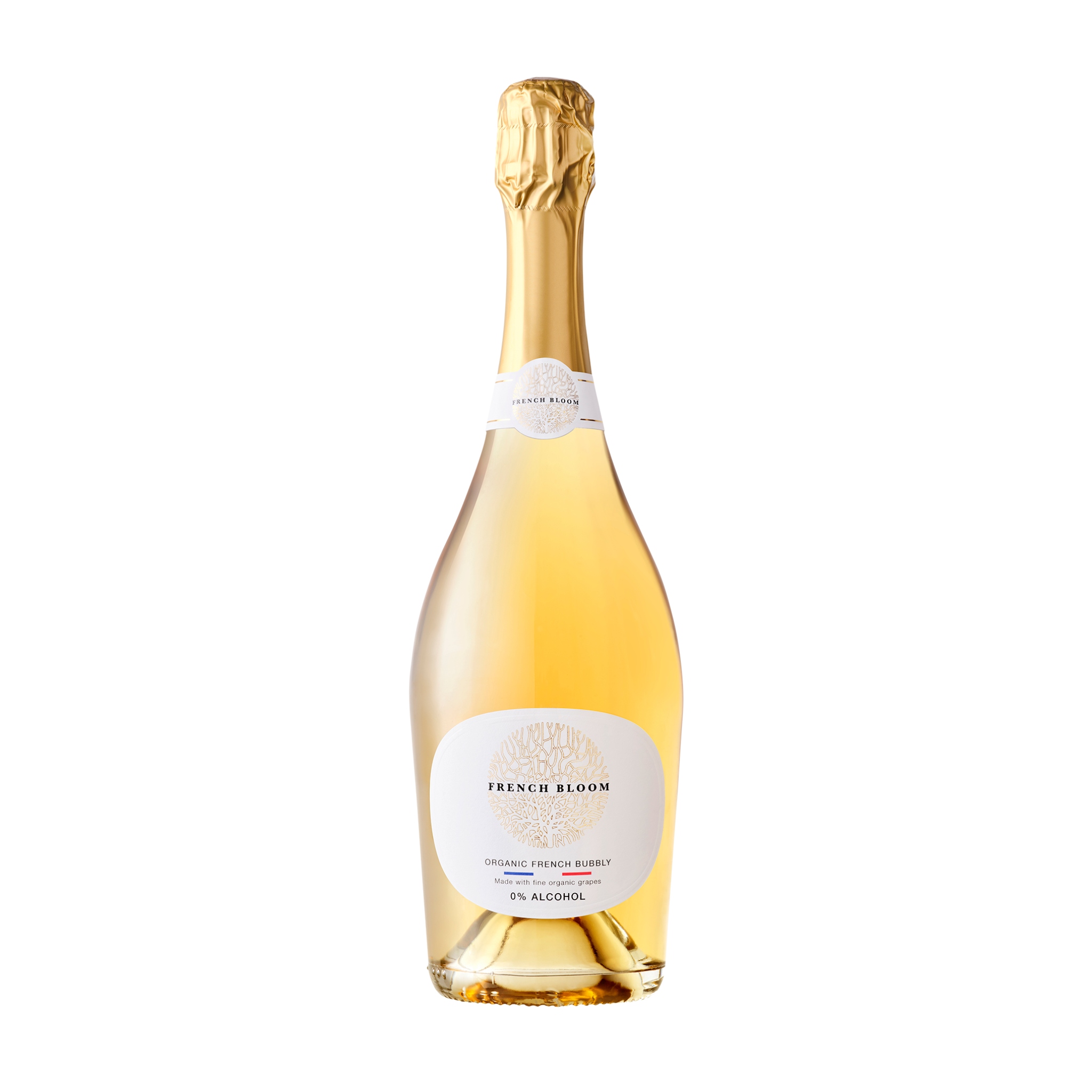 Eine Flasche mit goldfarbenem Inhalt, in der sich ein alkoholfreier Schaumwein von French Bloom befindet.