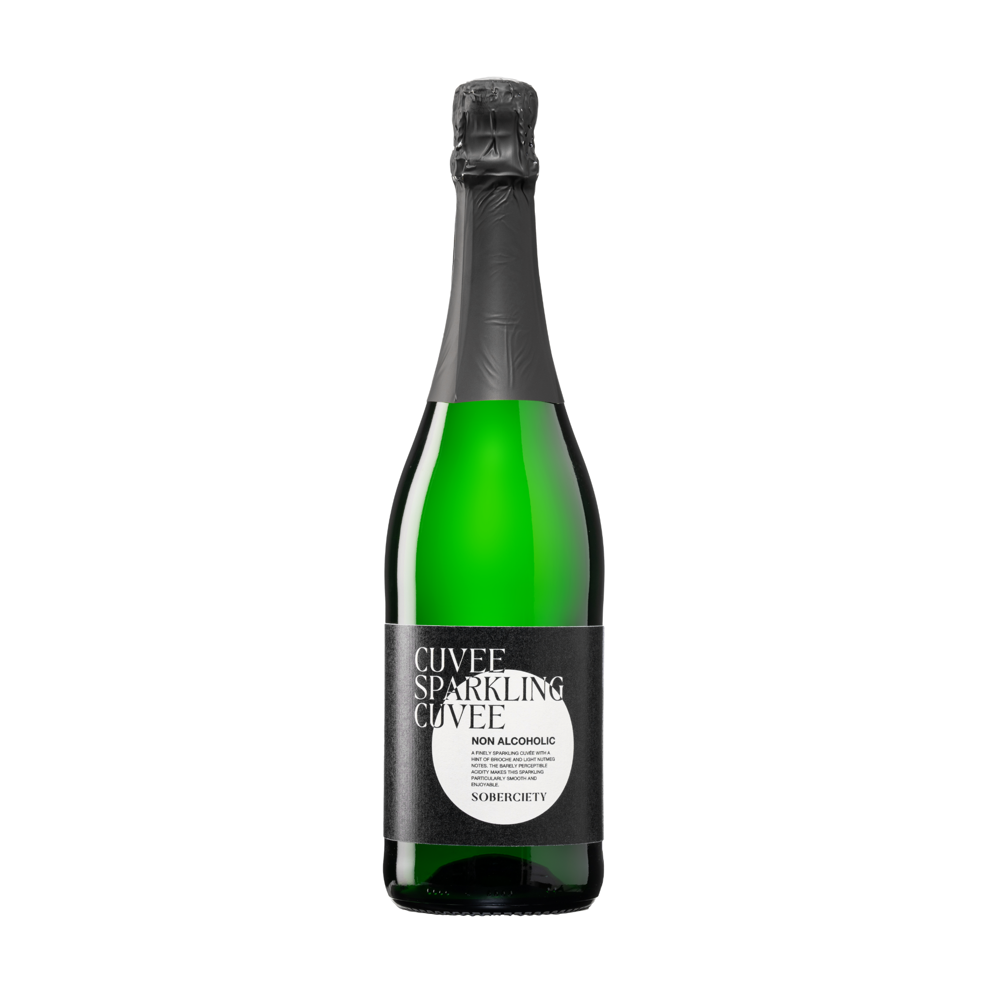 Eine Flasche alkoholfreier Sekt, mit schwarzem Etikett und der Aufschrift „Cuvée Sparkling“