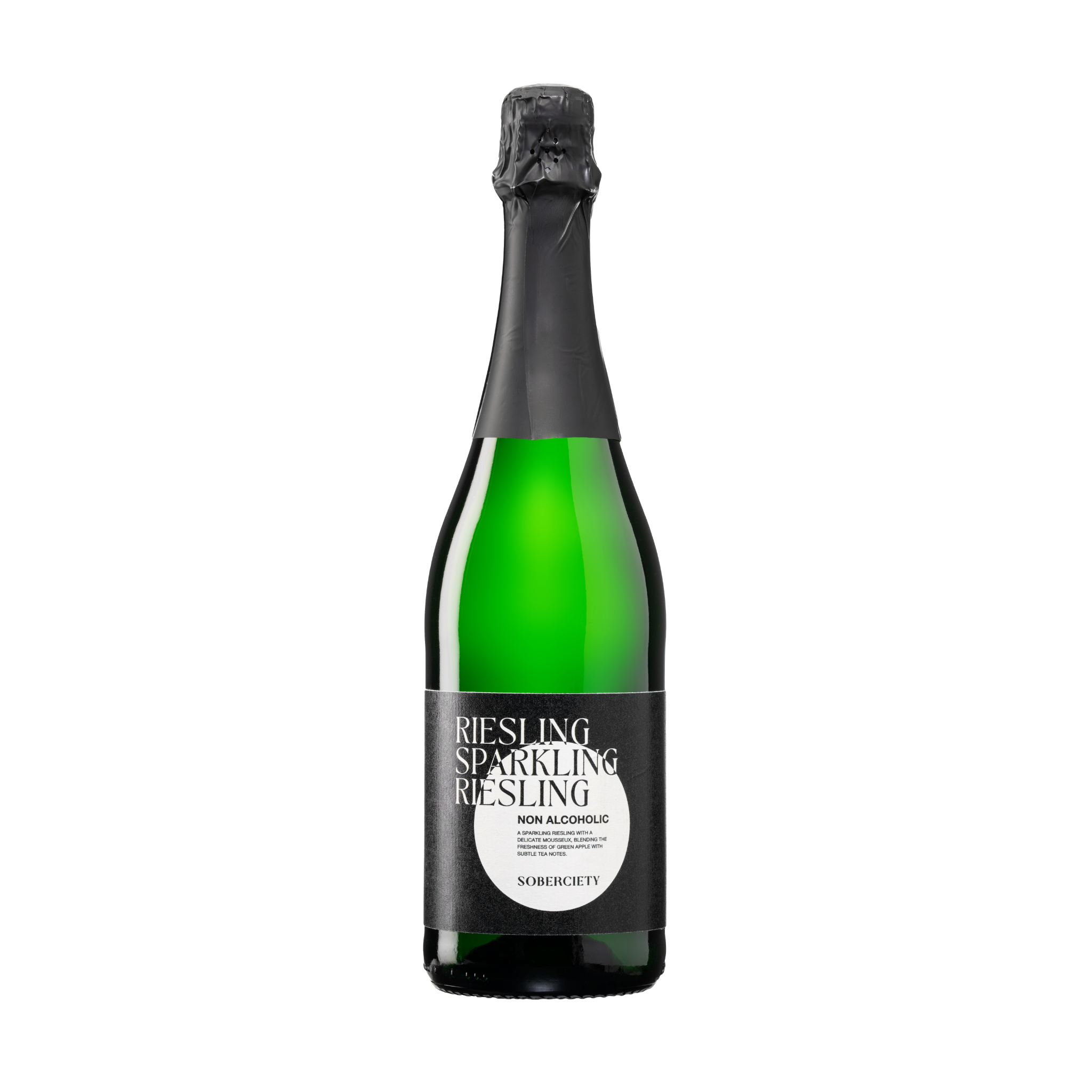 Eine Flasche alkoholfreier Sekt, mit schwarzem Etikett und der Aufschrift „Riesling Sparkling“