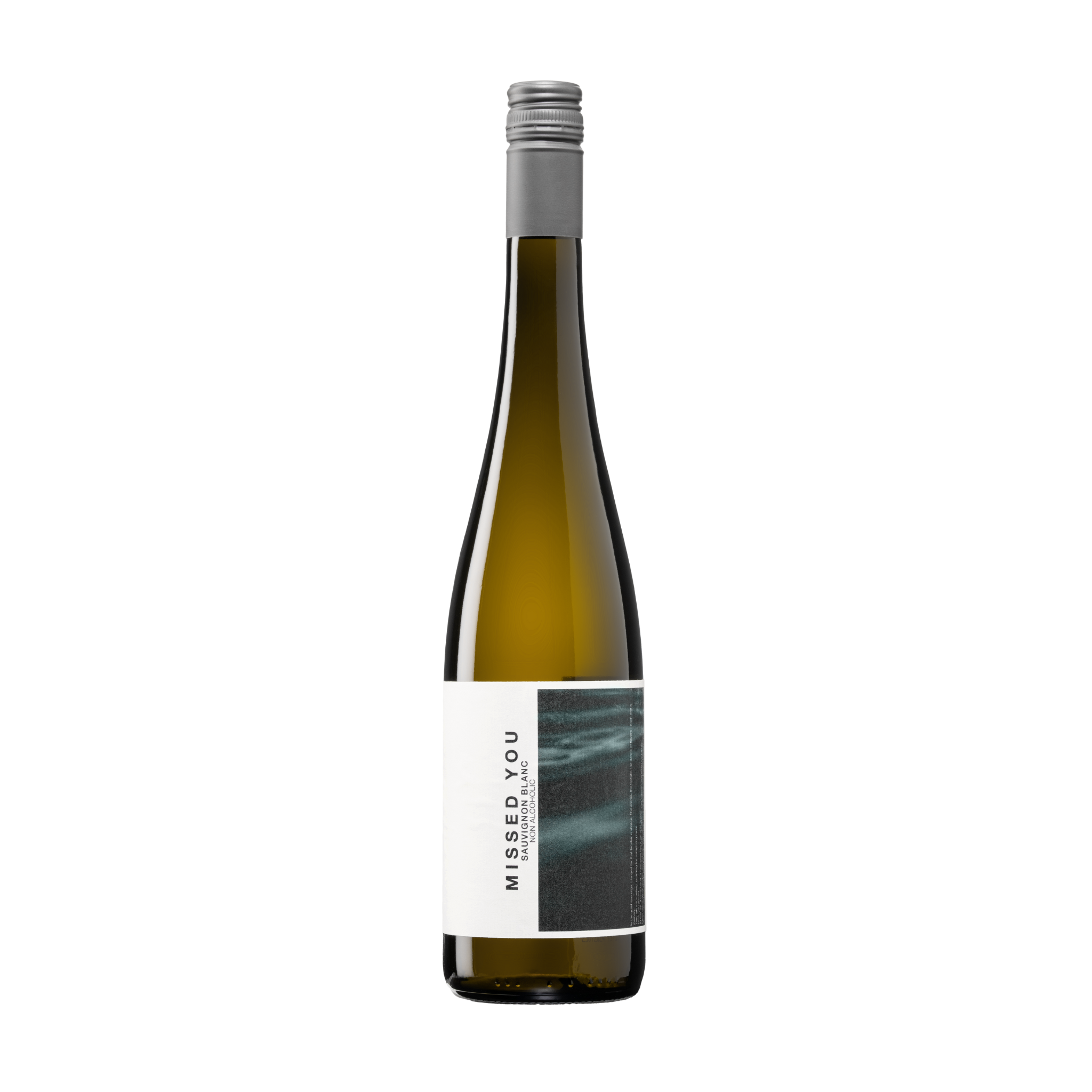 Eine Flasche alkoholfreier Wein, Sauvignon Blanc mit der Schrift “Missed You“ und einem melancholischem Wellenmotiv.