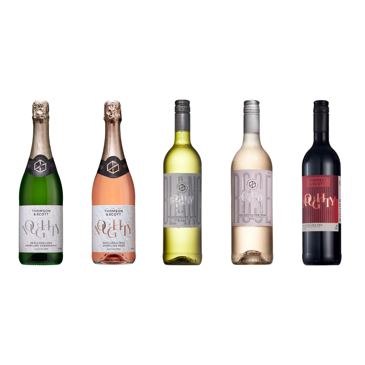 Thomson & Scott Noughty Probierpaket: Sparkling Chardonnay, Sparkling Rosé, Blanc, Rosé und Rouge