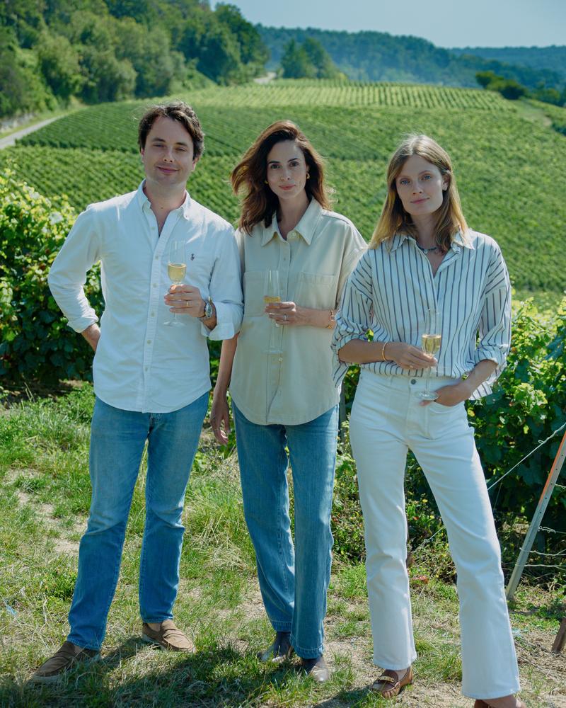 Drei Menschen mit Gläsern im Weinberg